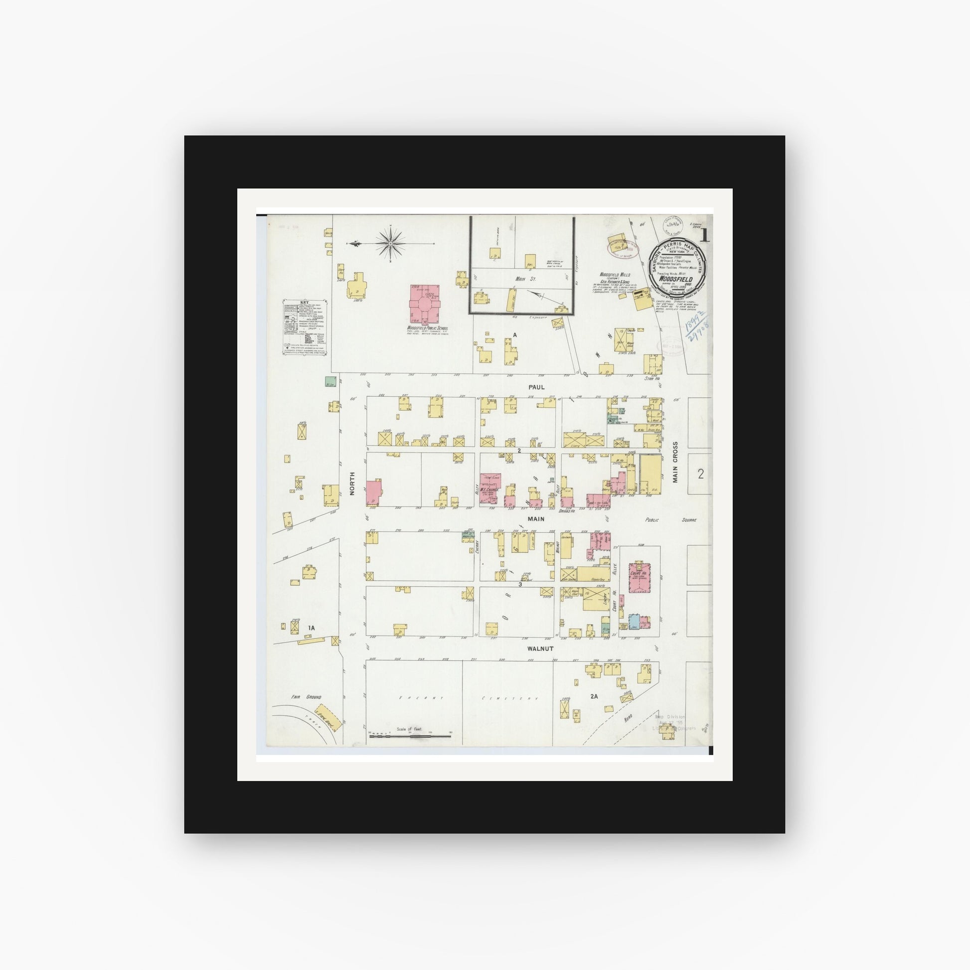 Old map wall art mockup — black gallery frame with white mat — Sanborn Fire Insurance Map from Woodsfield, Monroe County, Ohio (1899) - Complete Map Set