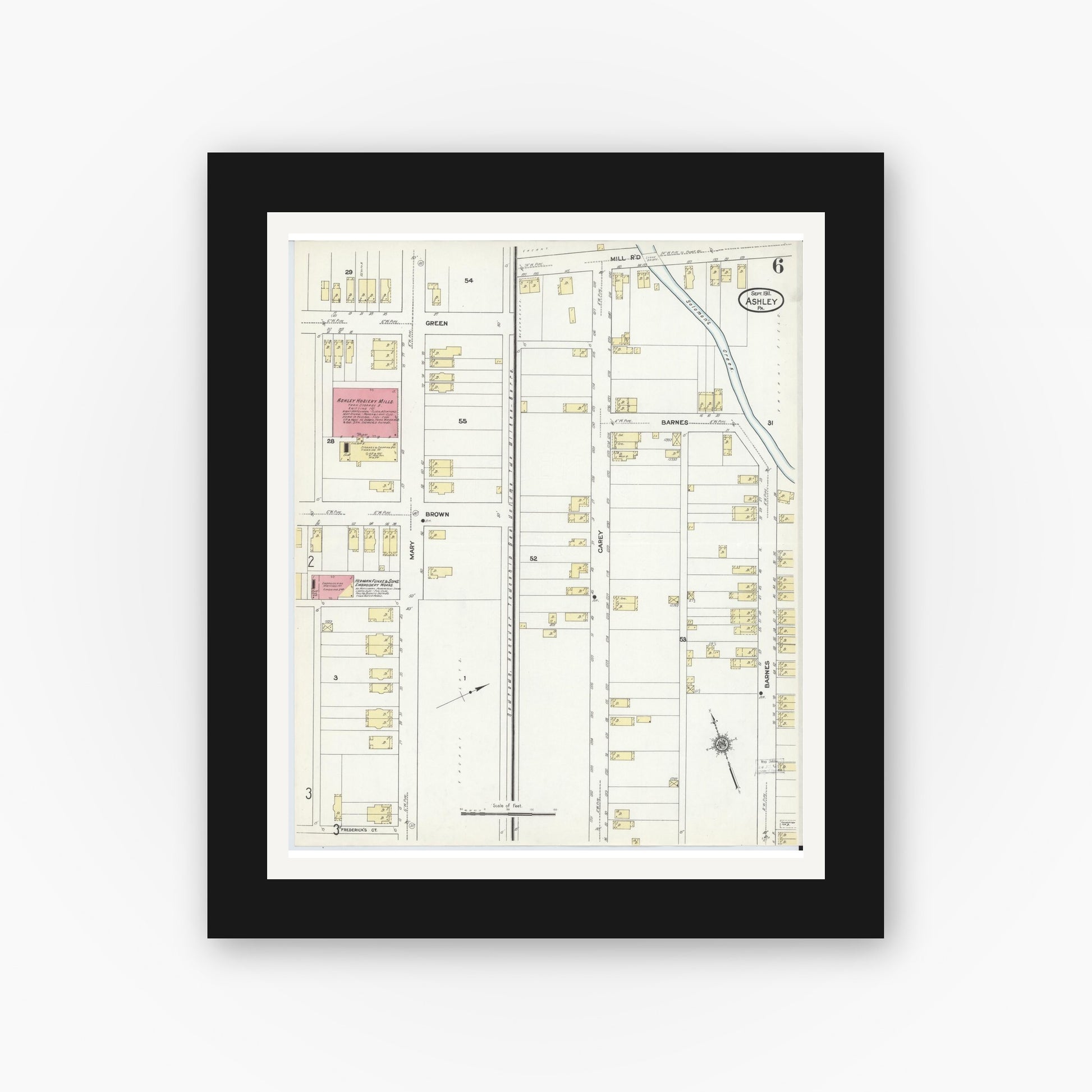 Old map wall art mockup — black gallery frame with white mat — Sanborn Fire Insurance Map from Ashley, Luzerne County, Pennsylvania (1911), Sheet #0006