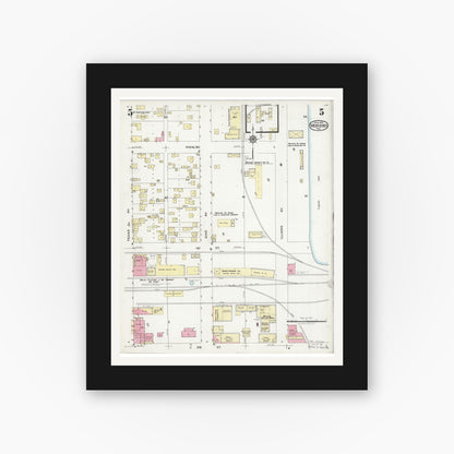 Old map wall art mockup — black gallery frame with white mat — Sanborn Fire Insurance Map from Mercedes, Hidalgo County, Texas (1925), Sheet #0005