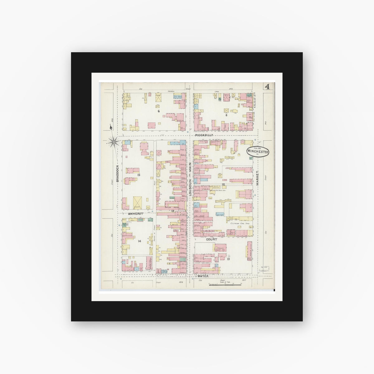 Old map wall art mockup — black gallery frame with white mat — Sanborn Fire Insurance Map from Winchester, Independent Cities, Virginia (1891), Sheet #0004