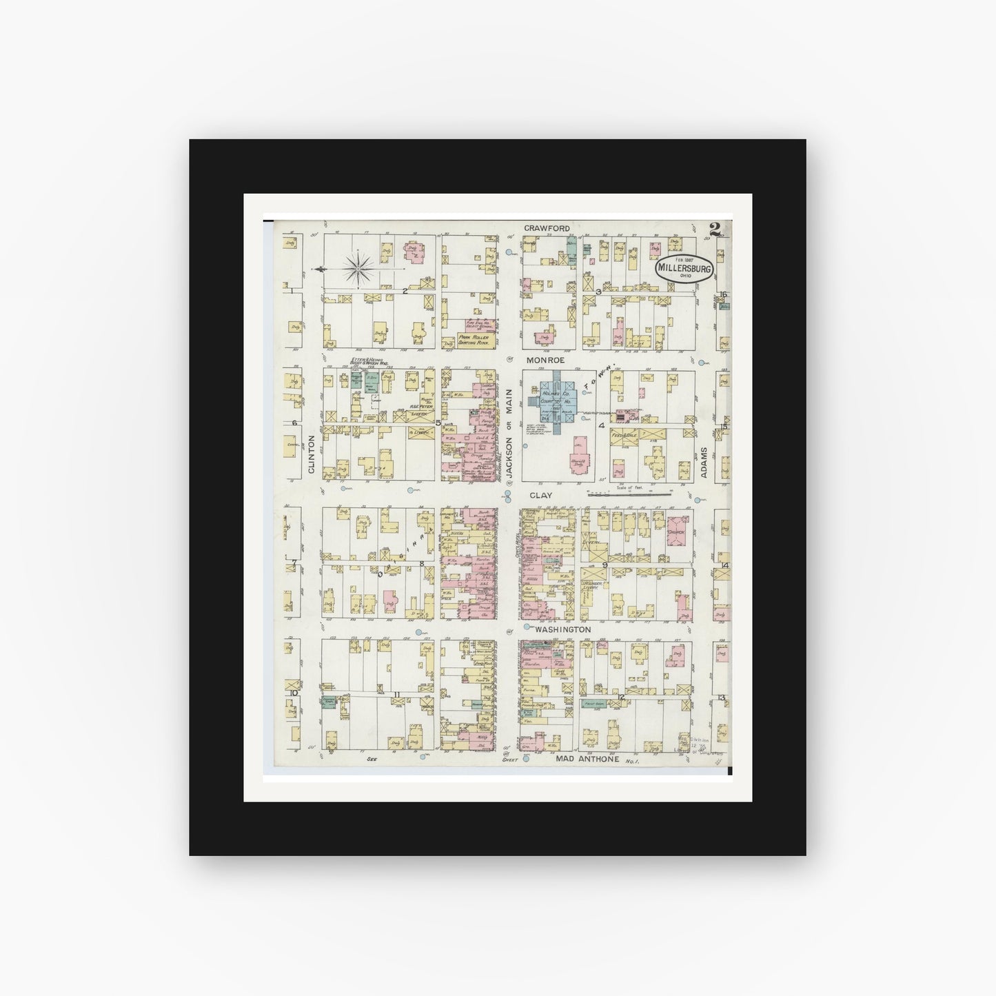Old map wall art mockup — black gallery frame with white mat — Sanborn Fire Insurance Map from Millersburg, Holmes County, Ohio (1887), Sheet #0002