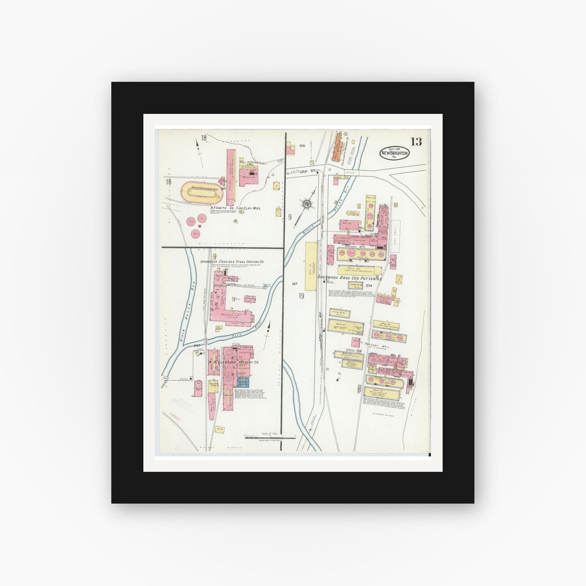 Old map wall art mockup — black gallery frame with white mat — Sanborn Fire Insurance Map from New Brighton, Beaver County, Pennsylvania (1918), Sheet #0013