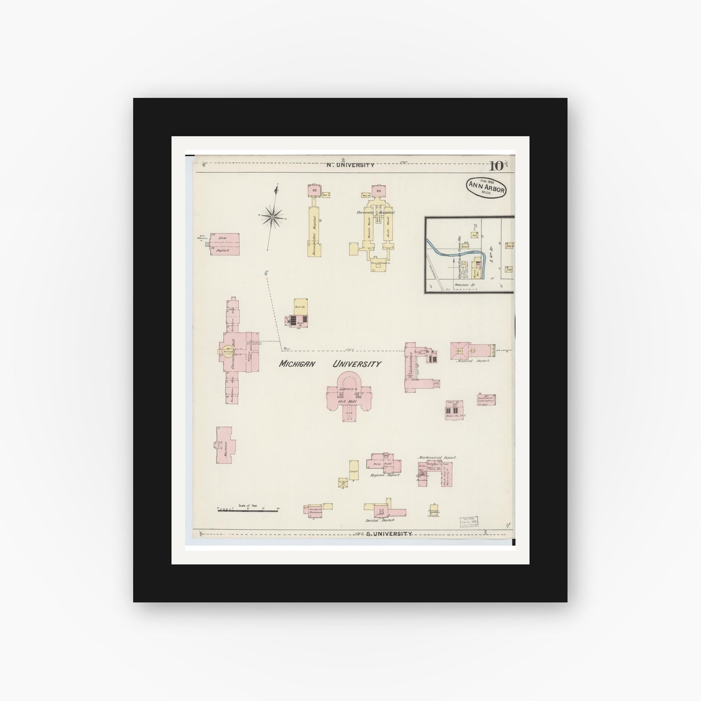 Old map wall art mockup — black gallery frame with white mat — Sanborn Fire Insurance Map from Ann Arbor, Washtenaw County, Michigan (1888), Sheet #0010