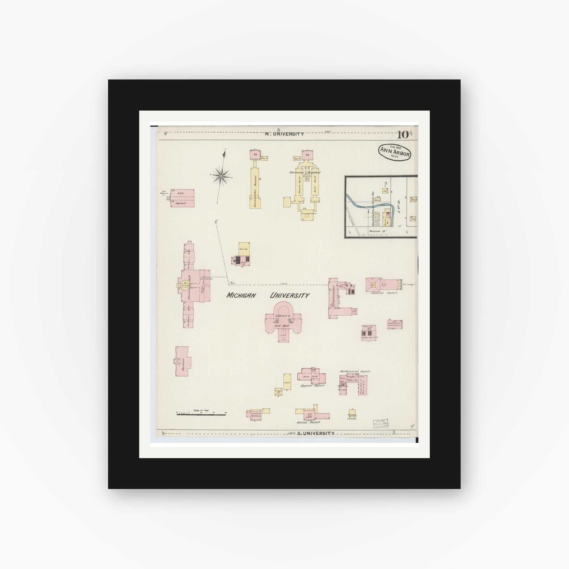 Old map wall art mockup — black gallery frame with white mat — Sanborn Fire Insurance Map from Ann Arbor, Washtenaw County, Michigan (1888), Sheet #0010