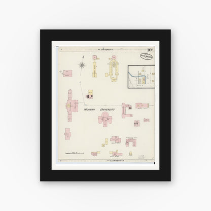Old map wall art mockup — black gallery frame with white mat — Sanborn Fire Insurance Map from Ann Arbor, Washtenaw County, Michigan (1888), Sheet #0010