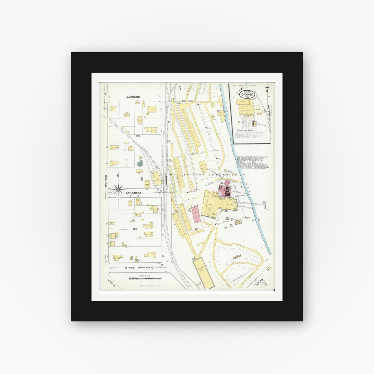 Old map wall art mockup — black gallery frame with white mat — Sanborn Fire Insurance Map from Orange, Orange County, Texas (1909), Sheet #0007