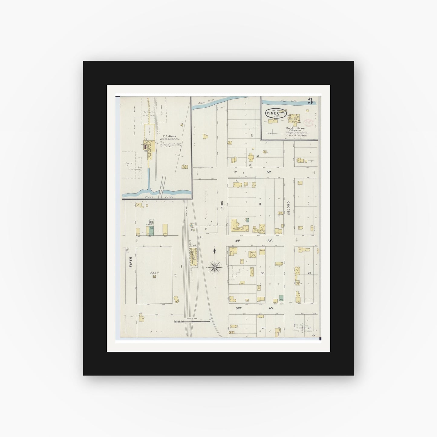 Old map wall art mockup — black gallery frame with white mat — Sanborn Fire Insurance Map from Pine City, Pine County, Minnesota (1894), Sheet #0003