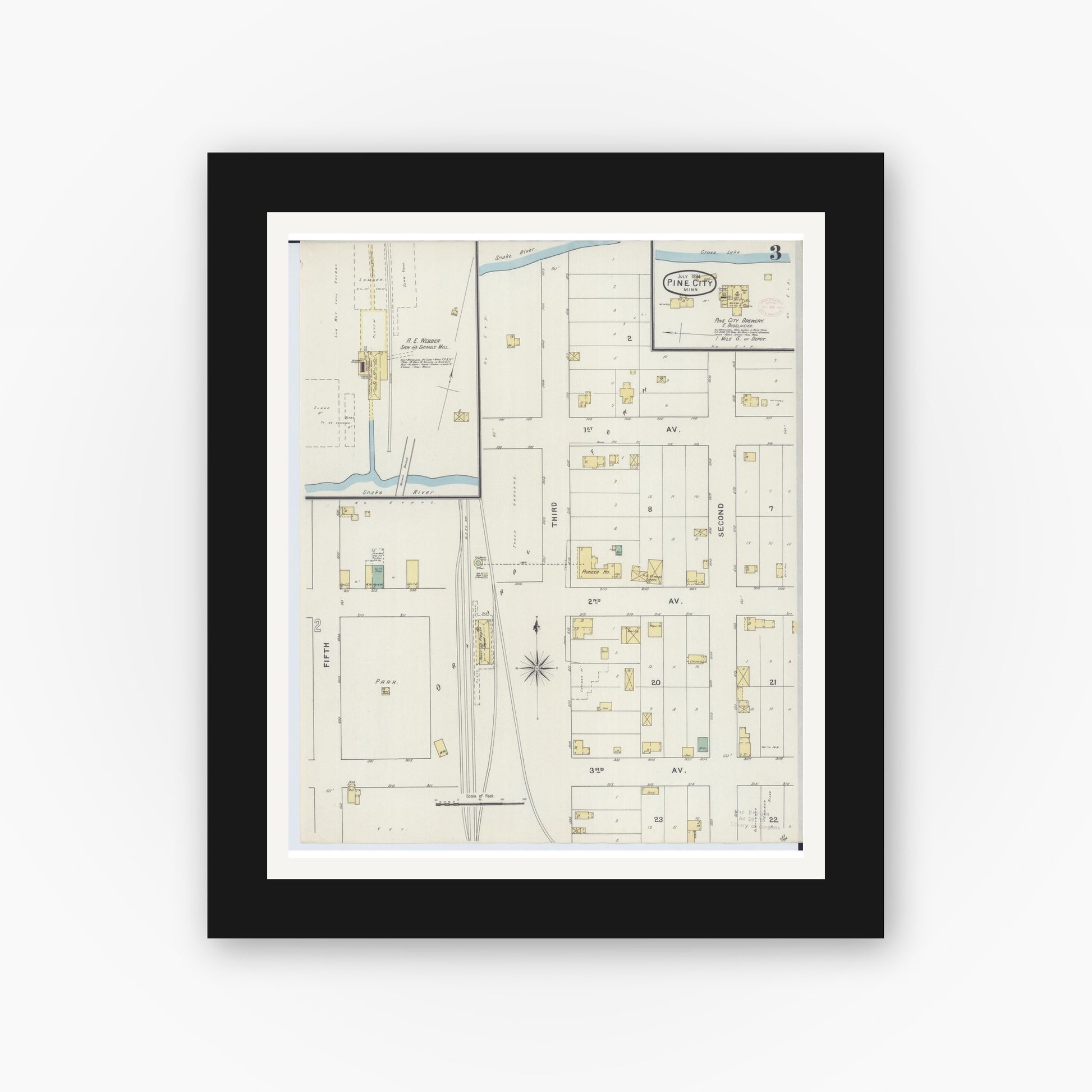 Old map wall art mockup — black gallery frame with white mat — Sanborn Fire Insurance Map from Pine City, Pine County, Minnesota (1894), Sheet #0003