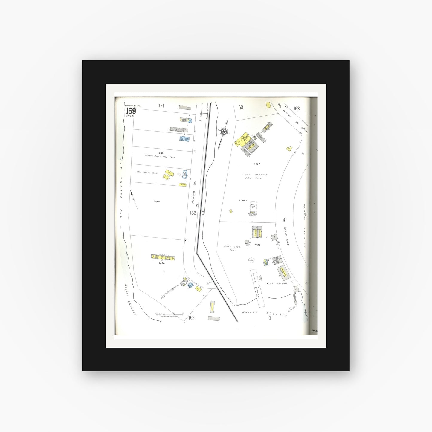 Old map wall art mockup — black gallery frame with white mat — Sanborn Fire Insurance Map from Honolulu, Oahu County, Hawaii (1955), Sheet #0169
