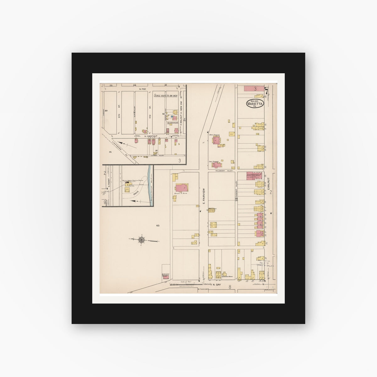 Old map wall art mockup — black gallery frame with white mat — Sanborn Fire Insurance Map from Marietta, Lancaster County, Pennsylvania (1922), Sheet #0007