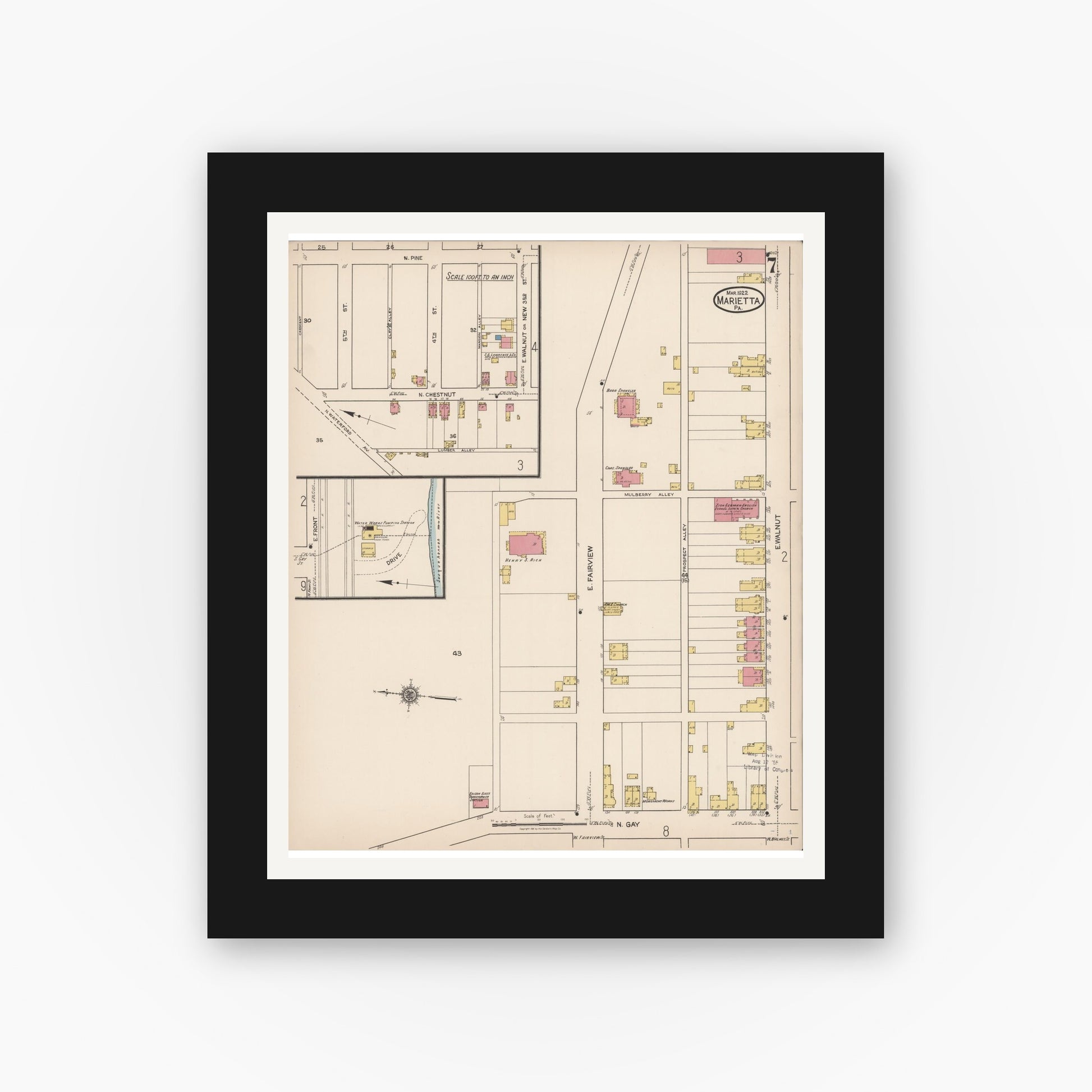 Old map wall art mockup — black gallery frame with white mat — Sanborn Fire Insurance Map from Marietta, Lancaster County, Pennsylvania (1922), Sheet #0007
