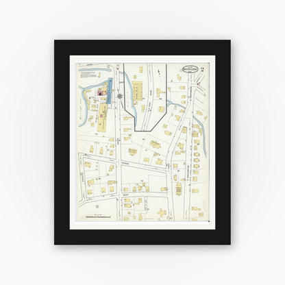 Old map wall art mockup — black gallery frame with white mat — Sanborn Fire Insurance Map from North Attleborough, Bristol County, Massachusetts (1916), Sheet #0002