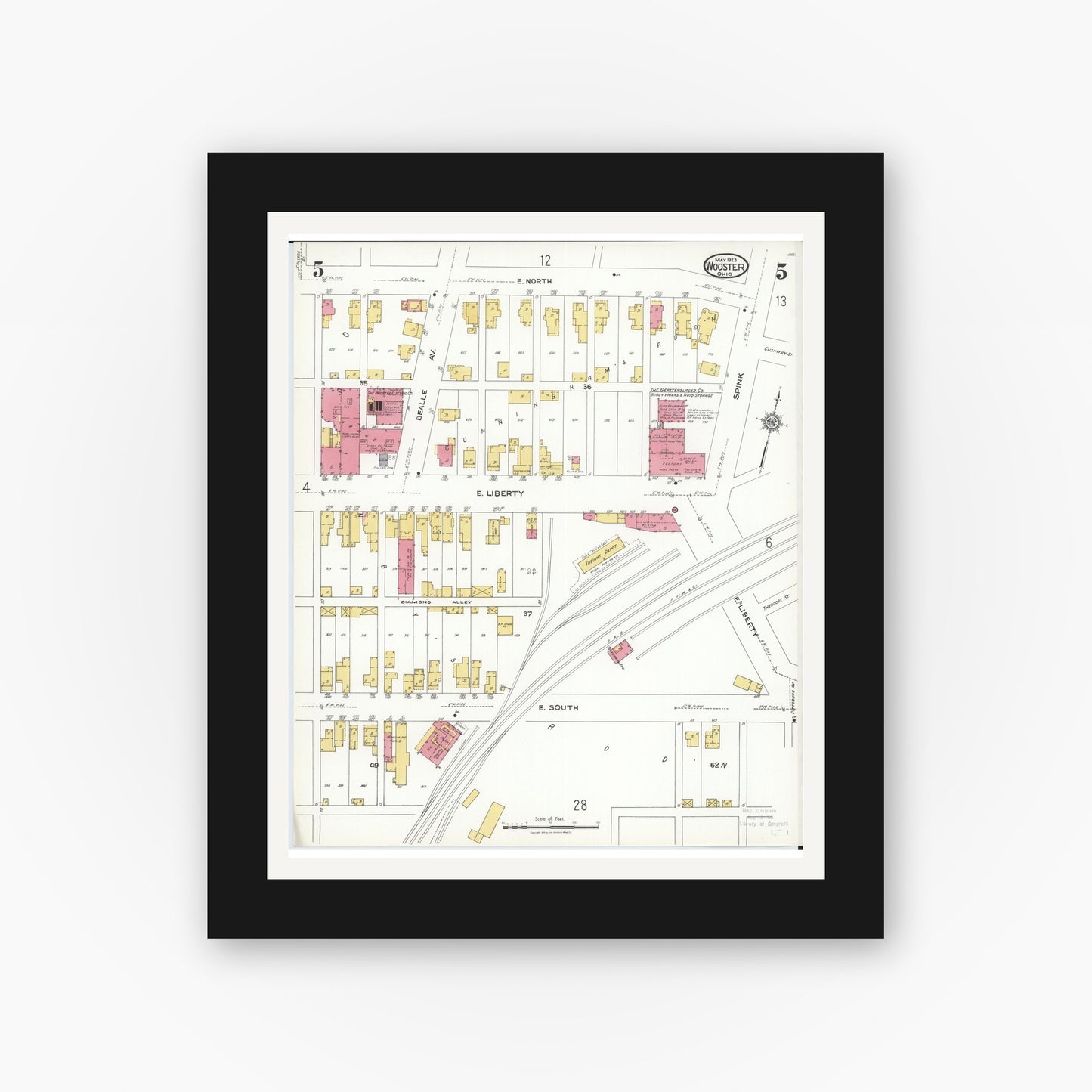 Old map wall art mockup — black gallery frame with white mat — Sanborn Fire Insurance Map from Wooster, Wayne County, Ohio (1923), Sheet #0005