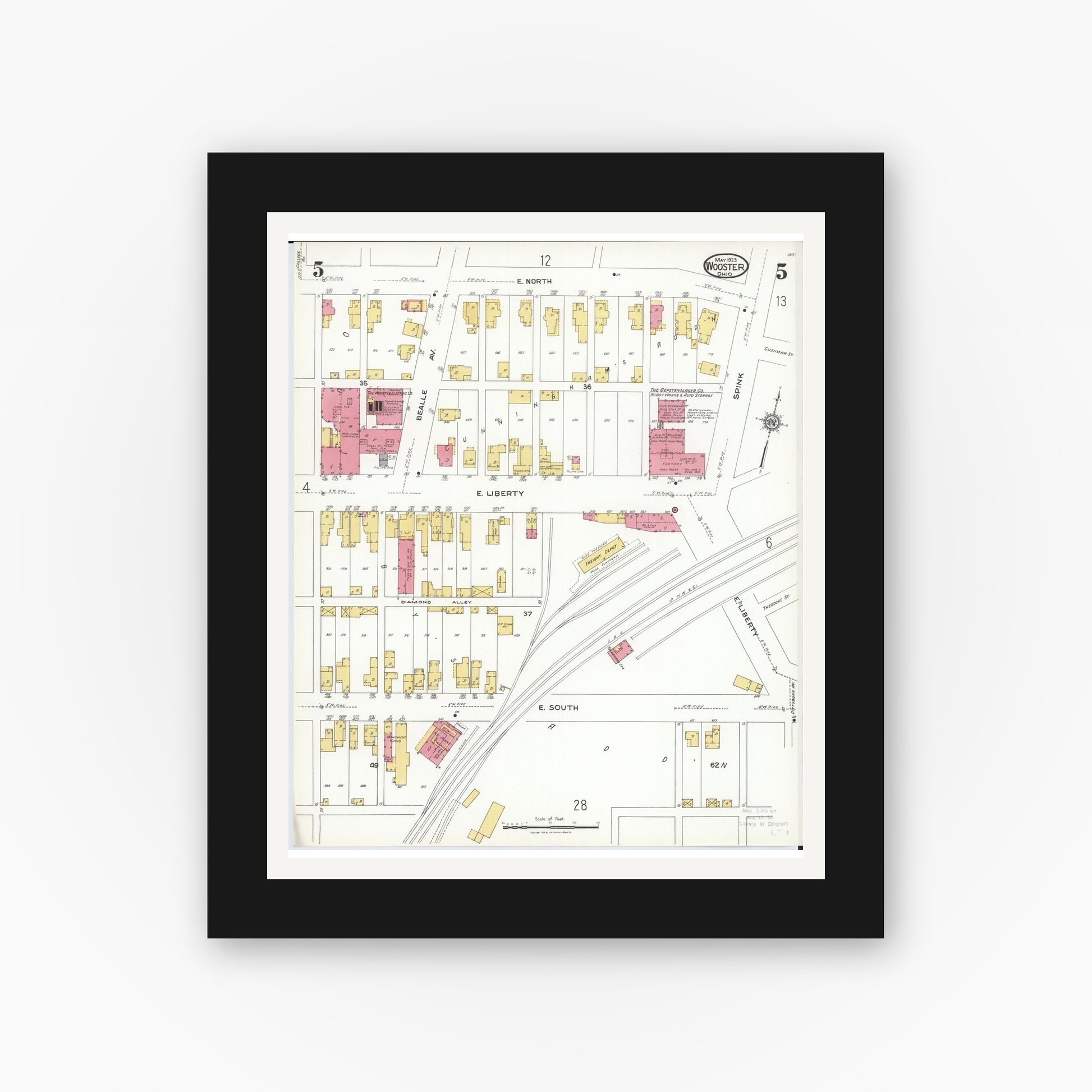 Old map wall art mockup — black gallery frame with white mat — Sanborn Fire Insurance Map from Wooster, Wayne County, Ohio (1923), Sheet #0005