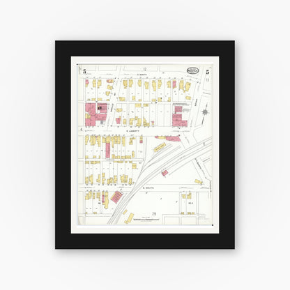 Old map wall art mockup — black gallery frame with white mat — Sanborn Fire Insurance Map from Wooster, Wayne County, Ohio (1923), Sheet #0005