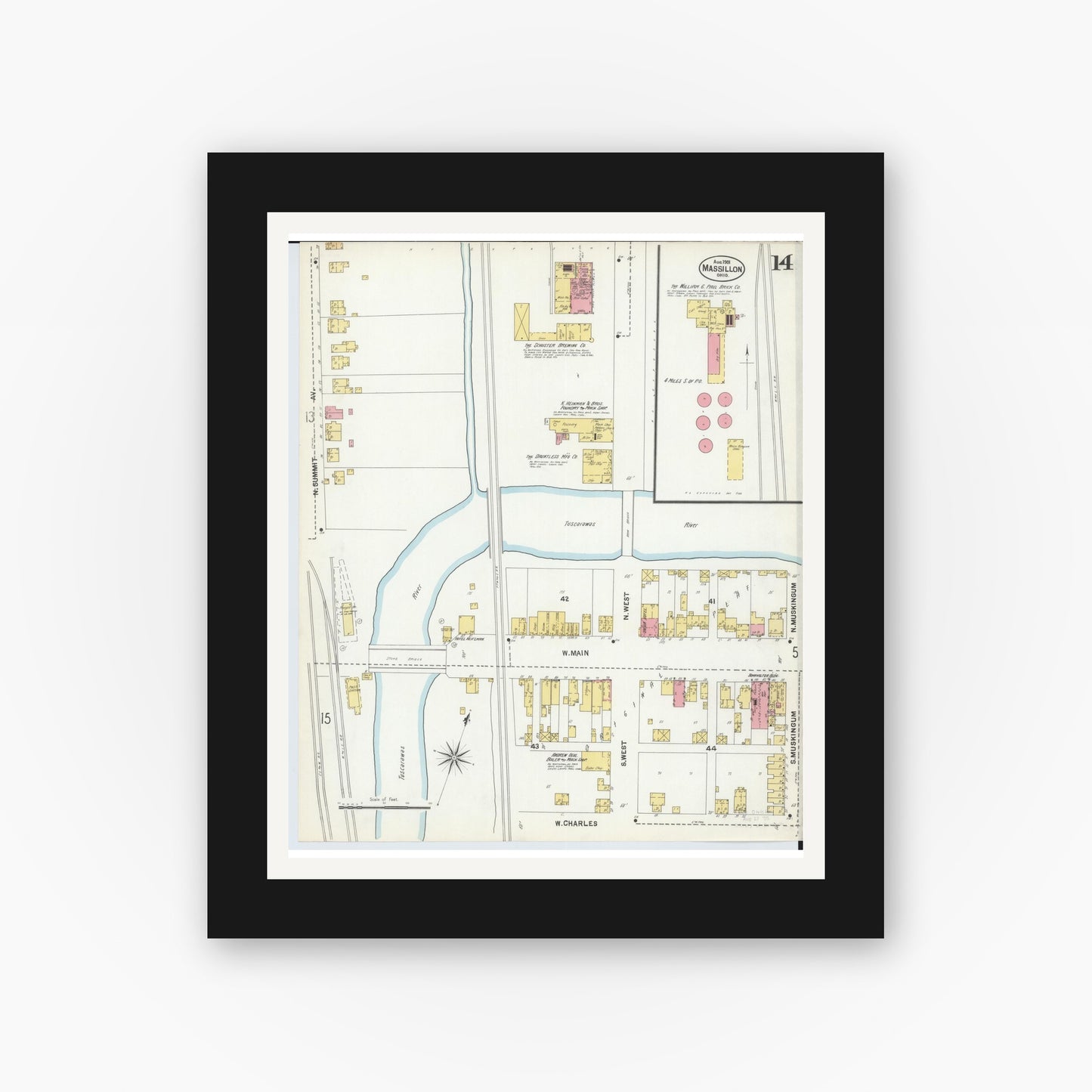 Old map wall art mockup — black gallery frame with white mat — Sanborn Fire Insurance Map from Massillon, Stark County, Ohio (1901), Sheet #0014
