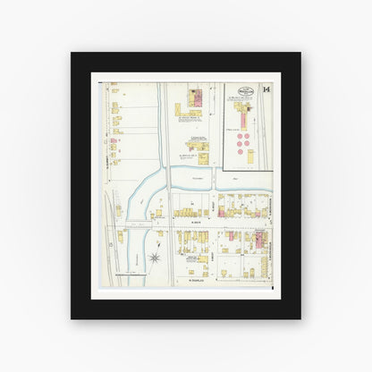 Old map wall art mockup — black gallery frame with white mat — Sanborn Fire Insurance Map from Massillon, Stark County, Ohio (1901), Sheet #0014