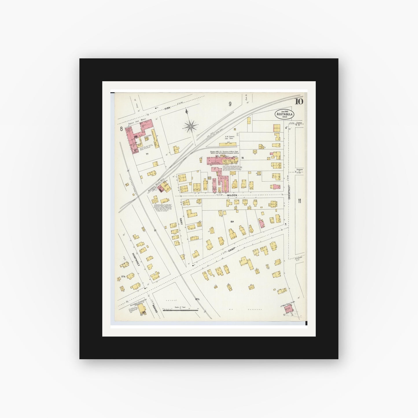 Old map wall art mockup — black gallery frame with white mat — Sanborn Fire Insurance Map from Ashtabula, Ashtabula County, Ohio (1903), Sheet #0010