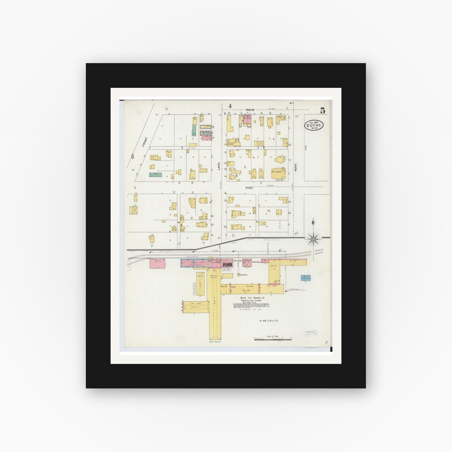 Old map wall art mockup — black gallery frame with white mat — Sanborn Fire Insurance Map from Boyne City, Charlevoix County, Michigan (1905), Sheet #0005