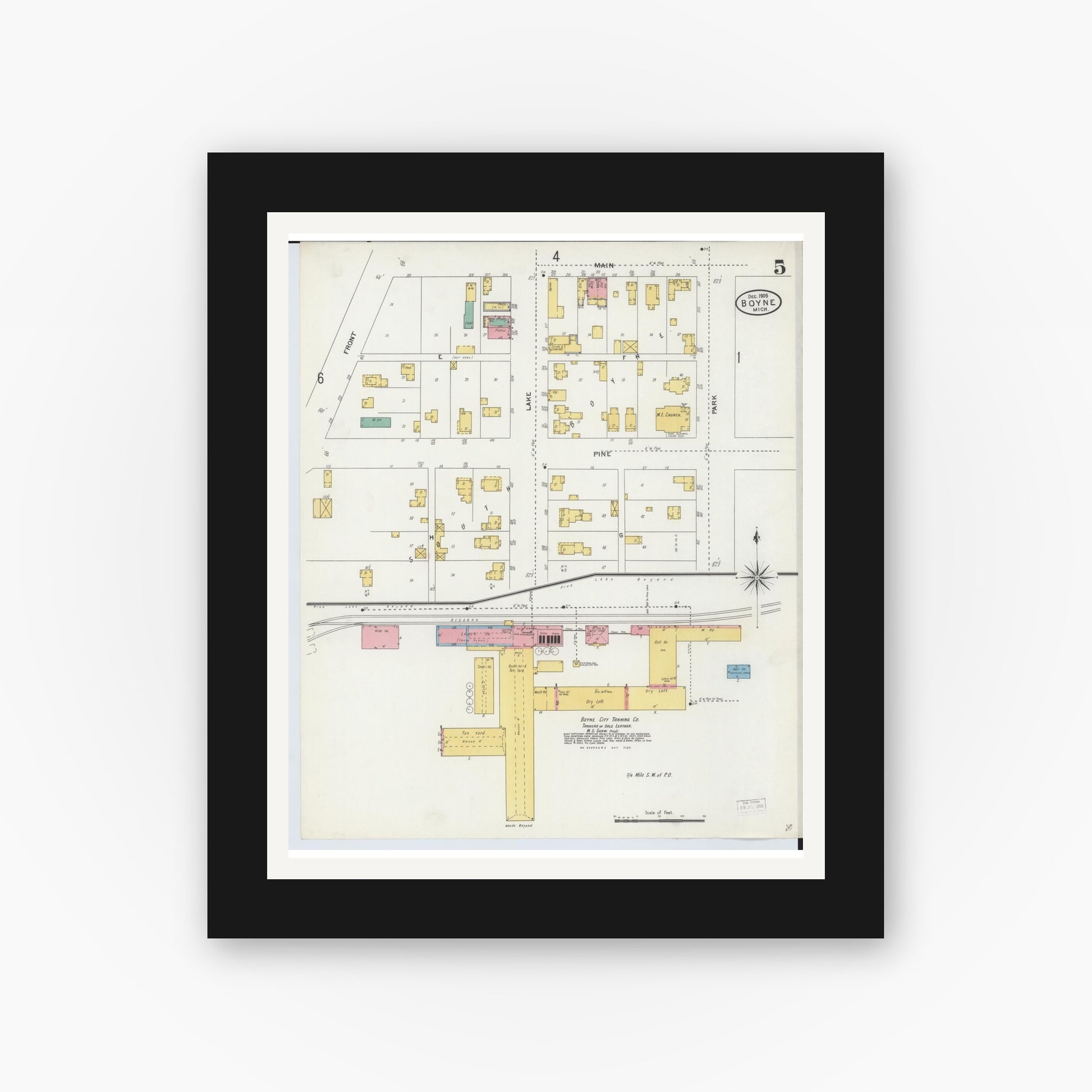 Old map wall art mockup — black gallery frame with white mat — Sanborn Fire Insurance Map from Boyne City, Charlevoix County, Michigan (1905), Sheet #0005