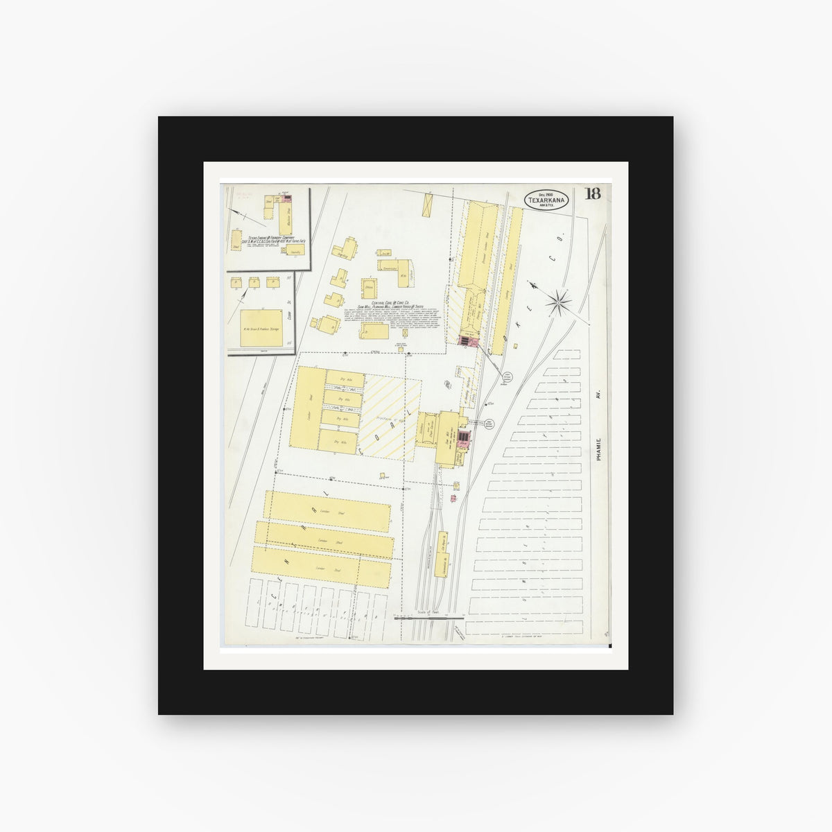 Old map wall art mockup — black gallery frame with white mat — Sanborn Fire Insurance Map from Texarkana, Bowie County, Texas (1900), Sheet #0018