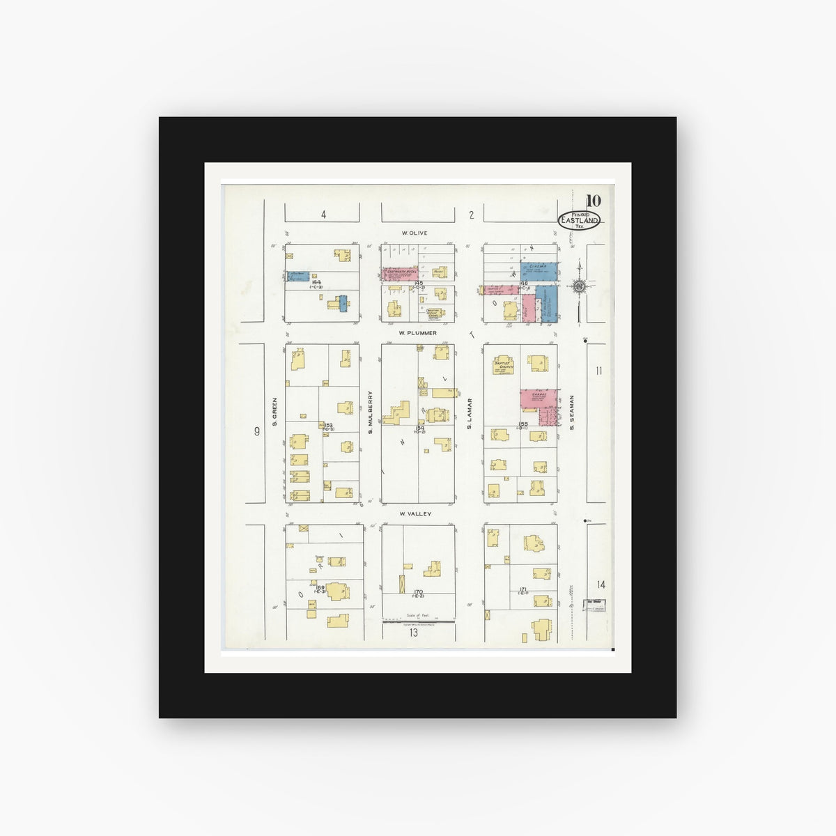 Old map wall art mockup — black gallery frame with white mat — Sanborn Fire Insurance Map from Eastland, Eastland County, Texas (1920), Sheet #0010