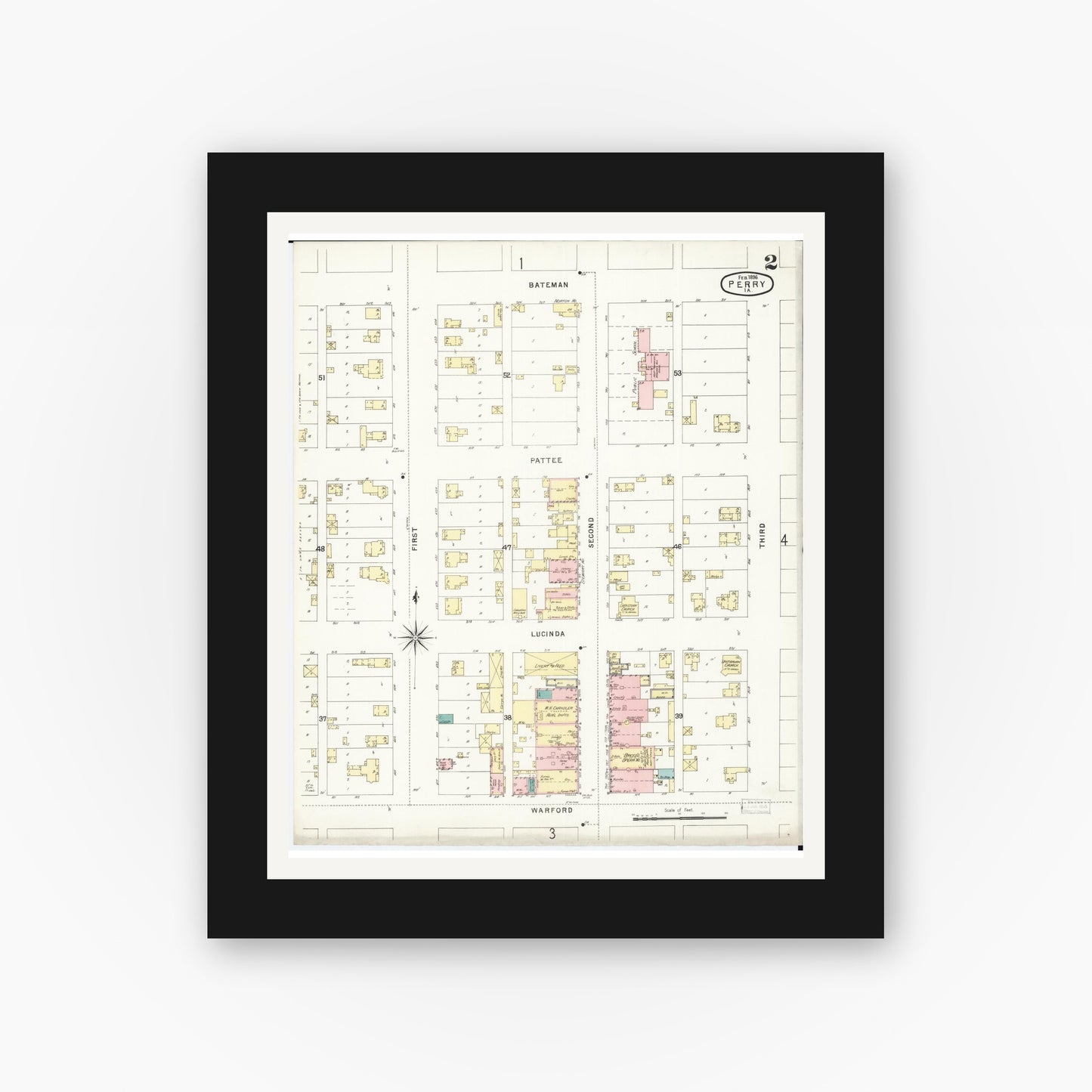 Old map wall art mockup — black gallery frame with white mat — Sanborn Fire Insurance Map from Perry, Dallas County, Iowa (1896), Sheet #0002
