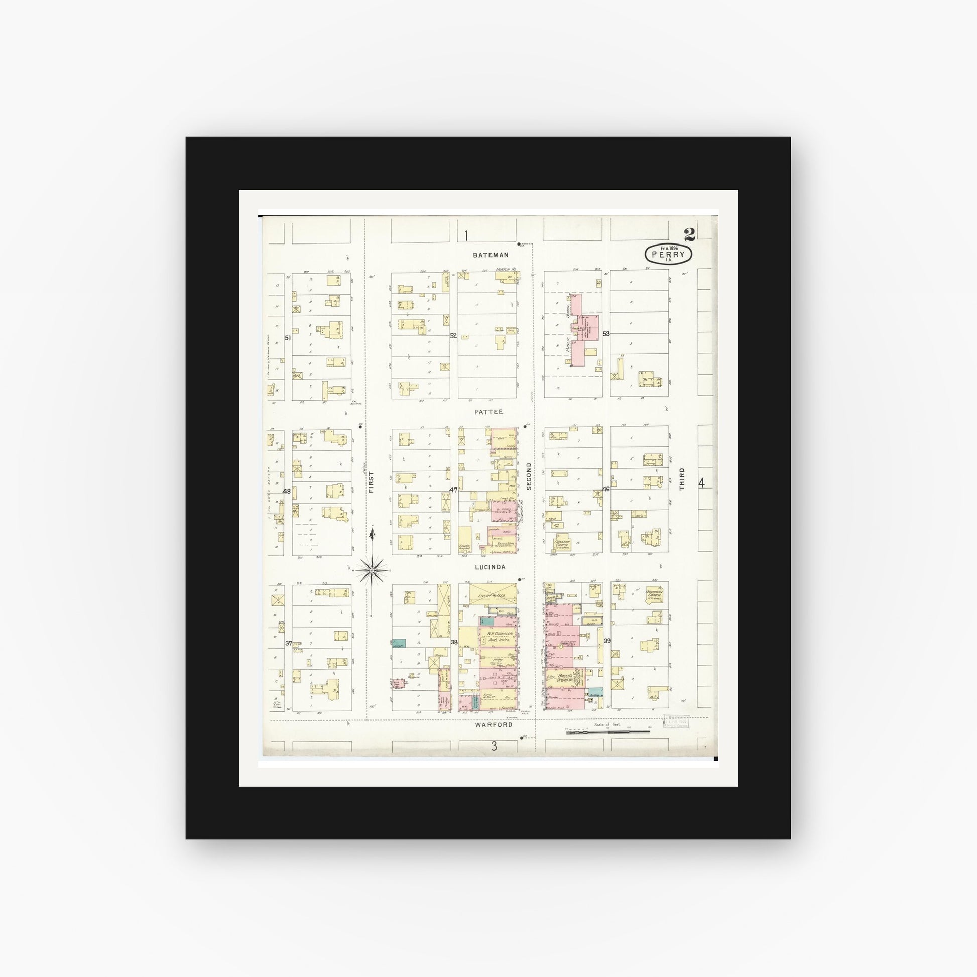 Old map wall art mockup — black gallery frame with white mat — Sanborn Fire Insurance Map from Perry, Dallas County, Iowa (1896), Sheet #0002