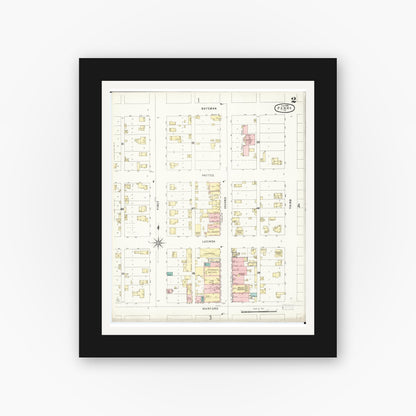 Old map wall art mockup — black gallery frame with white mat — Sanborn Fire Insurance Map from Perry, Dallas County, Iowa (1896), Sheet #0002
