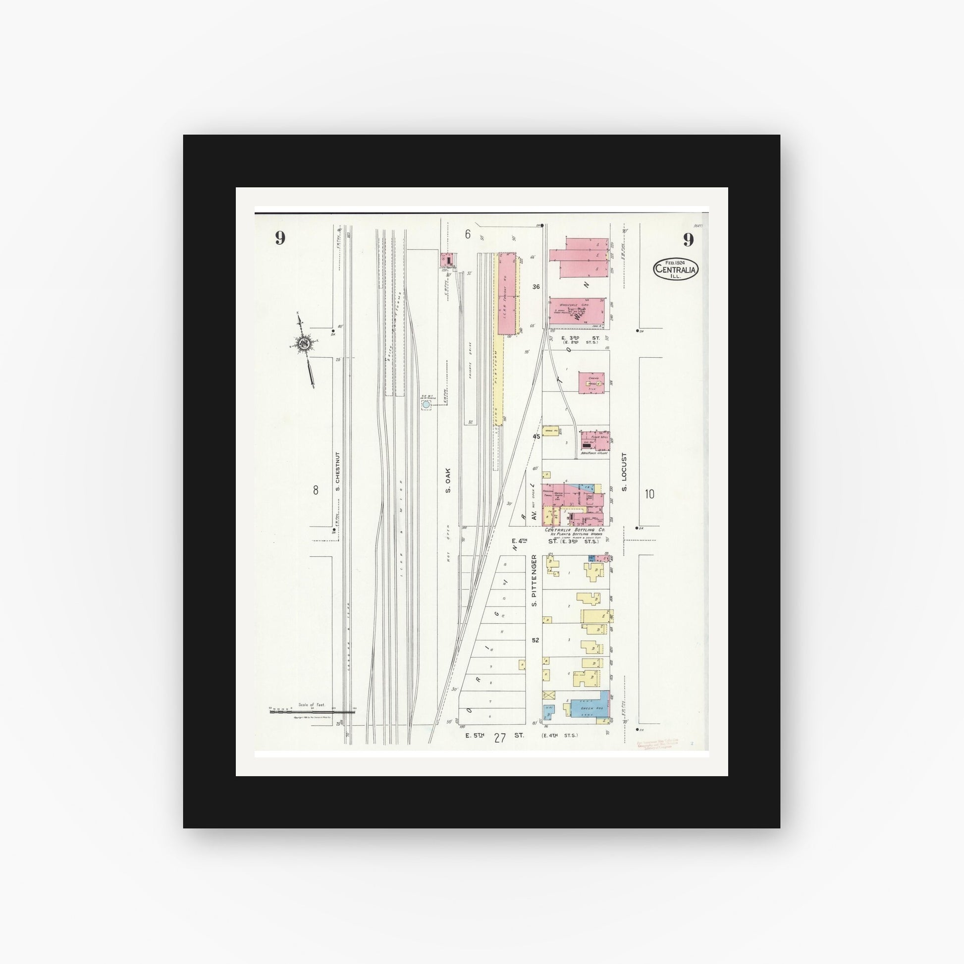 Old map wall art mockup — black gallery frame with white mat — Sanborn Fire Insurance Map from Centralia, Marion, Clinton, Jefferson, and Washington Counties, Illinois (1924), Sheet #0009