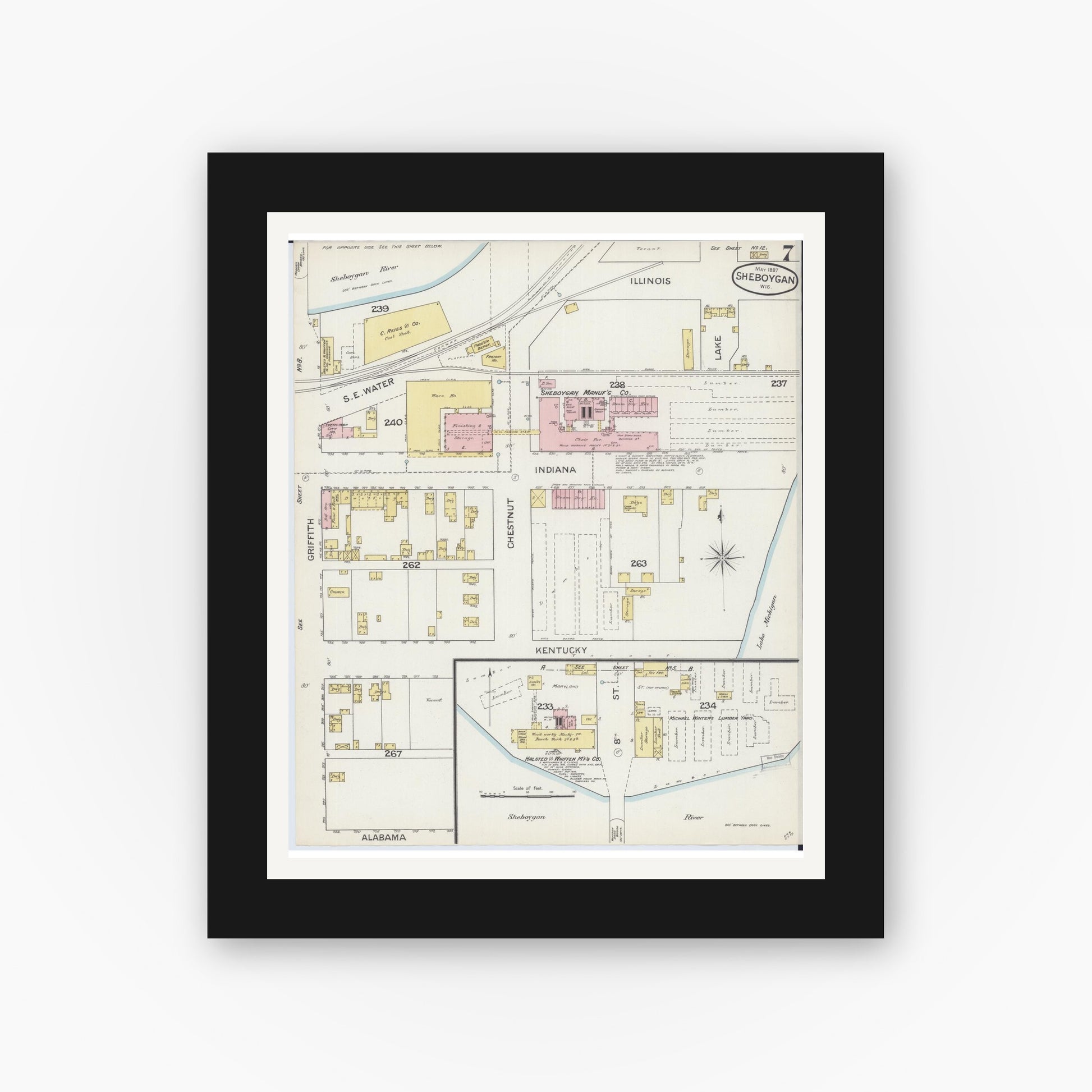Old map wall art mockup — black gallery frame with white mat — Sanborn Fire Insurance Map from Sheboygan, Sheboygan County, Wisconsin (1887), Sheet #0007
