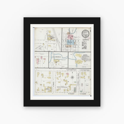 Old map wall art mockup — black gallery frame with white mat — Sanborn Fire Insurance Map from Tecumseh, Lenawee County, Michigan (1888), Sheet #0001