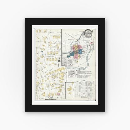 Old map wall art mockup — black gallery frame with white mat — Sanborn Fire Insurance Map from Newcomerstown, Tuscarawas County, Ohio (1924), Sheet #0001