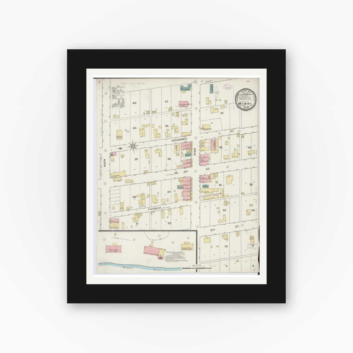 Old map wall art mockup — black gallery frame with white mat — Sanborn Fire Insurance Map from Miami, Saline County, Missouri (1893), Sheet #0001