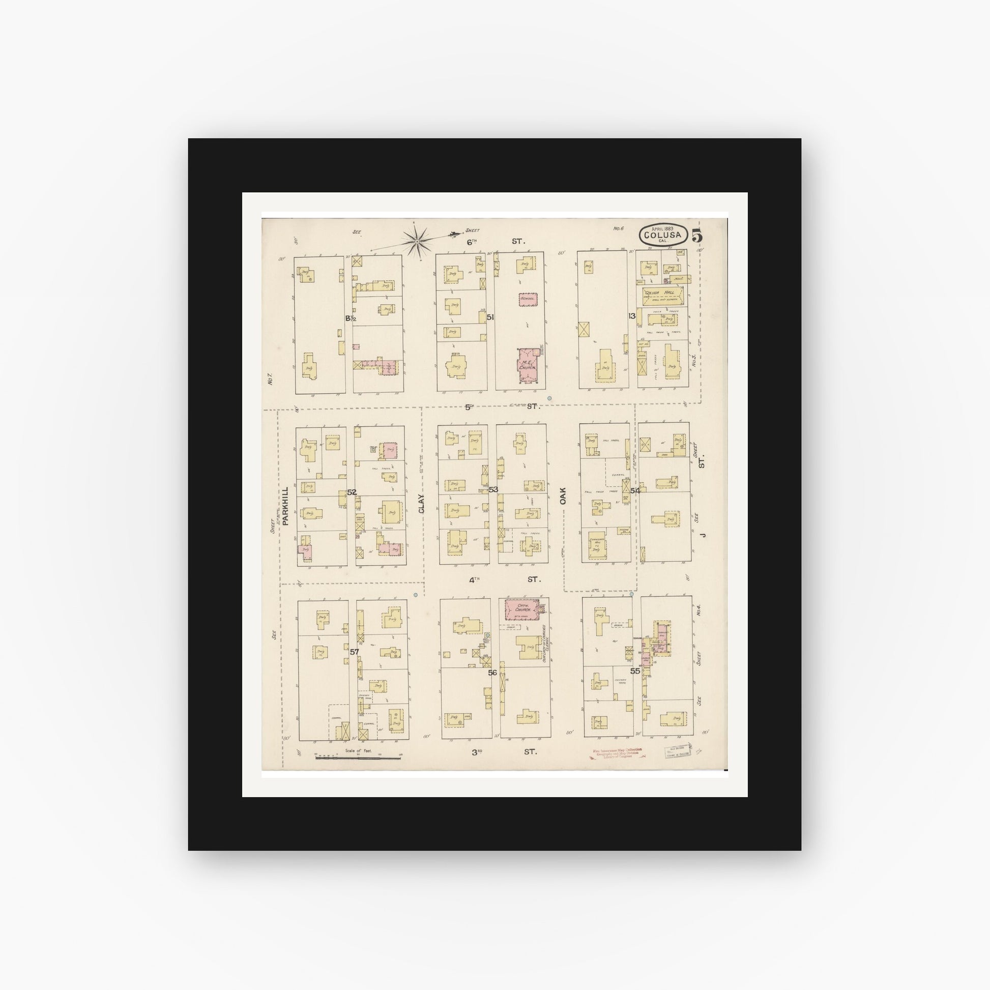 Old map wall art mockup — black gallery frame with white mat — Sanborn Fire Insurance Map from Colusa, Colusa County, California (1889), Sheet #0005