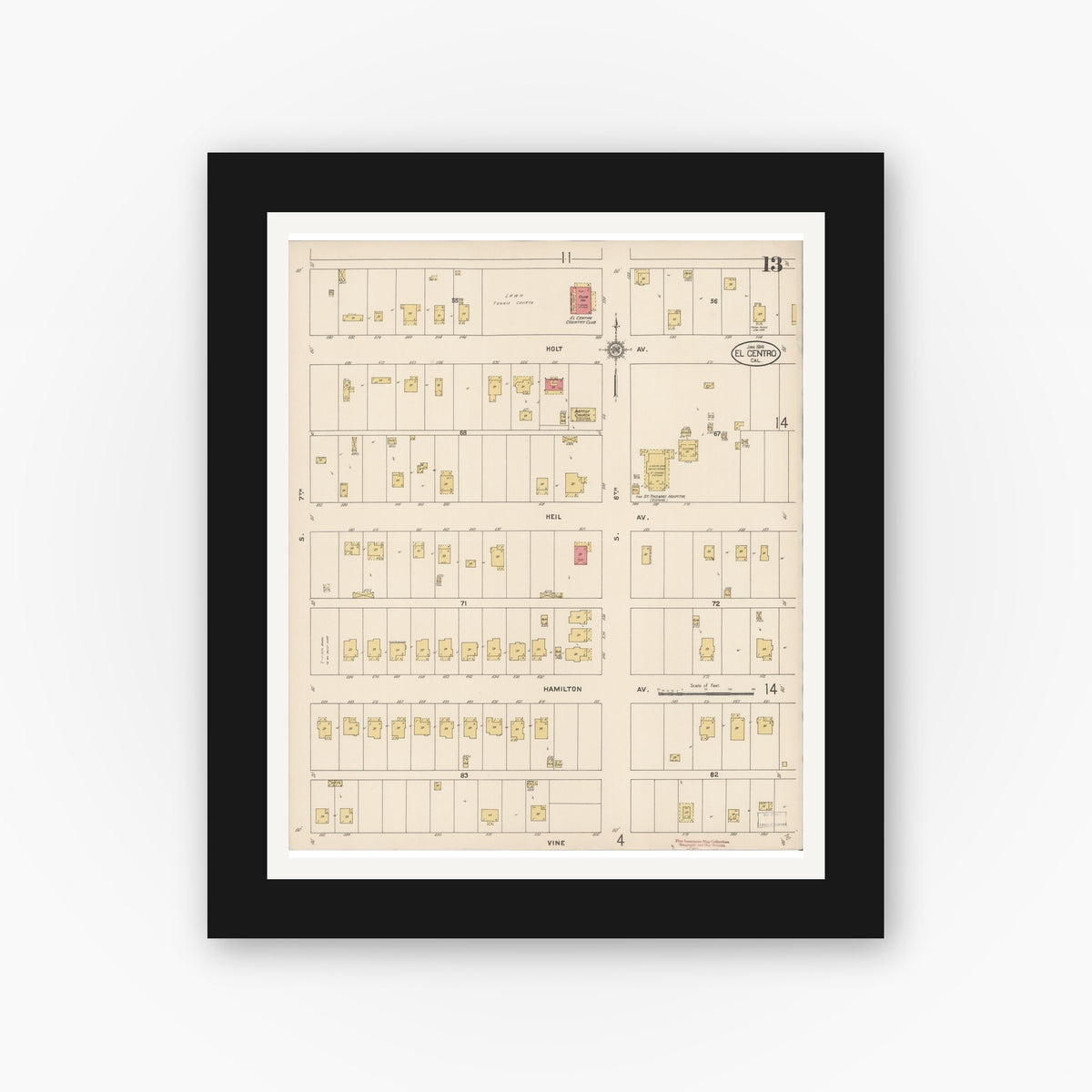 Old map wall art mockup — black gallery frame with white mat — Sanborn Fire Insurance Map from El Centro, Imperial County, California (1914), Sheet #0013