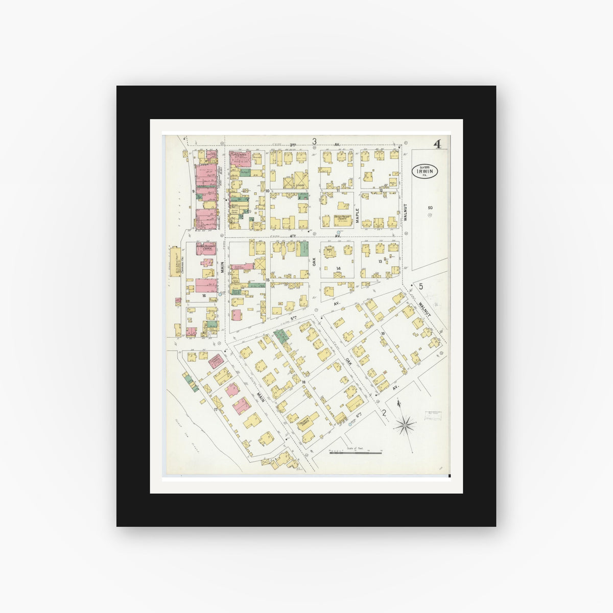 Old map wall art mockup — black gallery frame with white mat — Sanborn Fire Insurance Map from Irwin, Westmoreland County, Pennsylvania (1899), Sheet #0004
