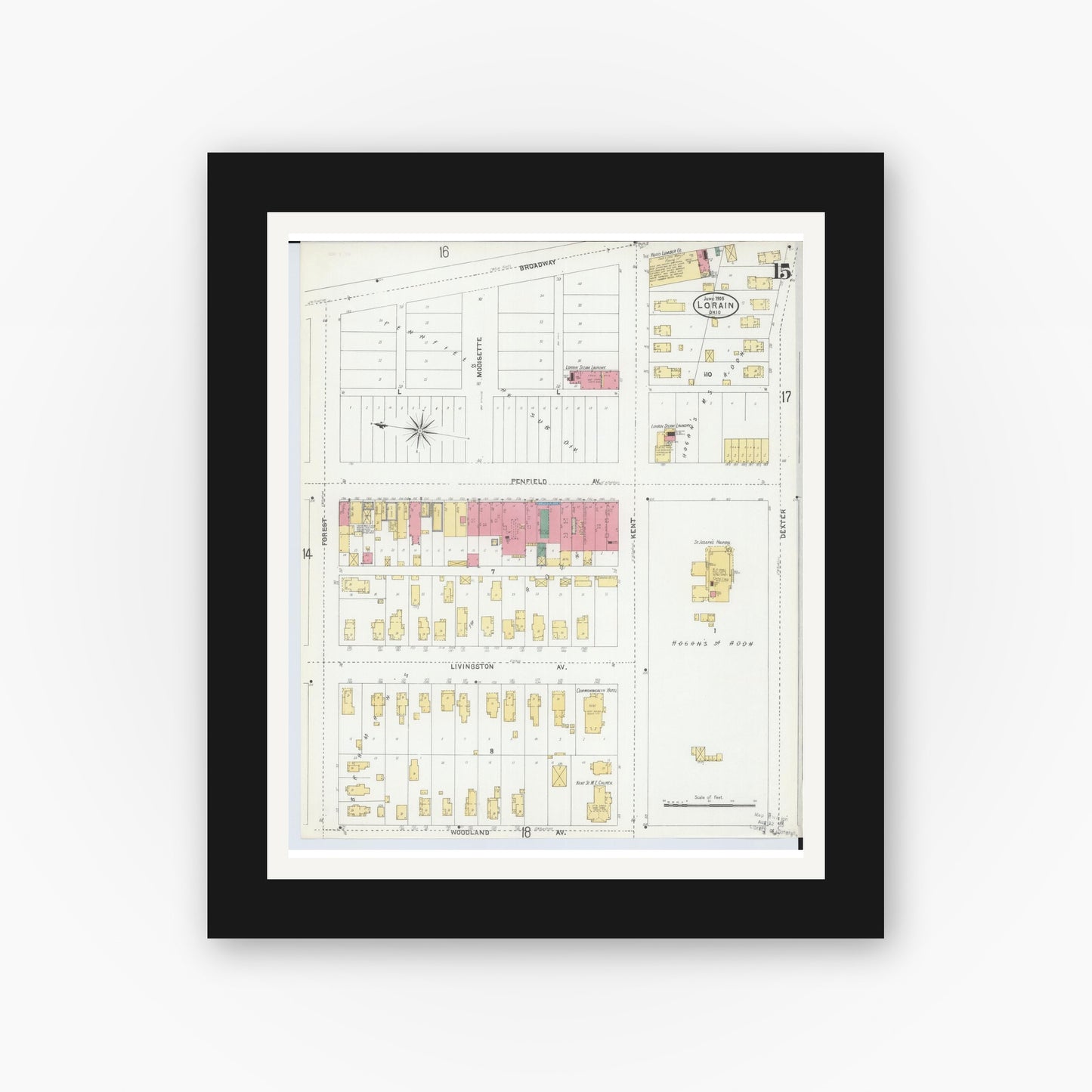 Old map wall art mockup — black gallery frame with white mat — Sanborn Fire Insurance Map from Lorain, Lorain County, Ohio (1905), Sheet #0015