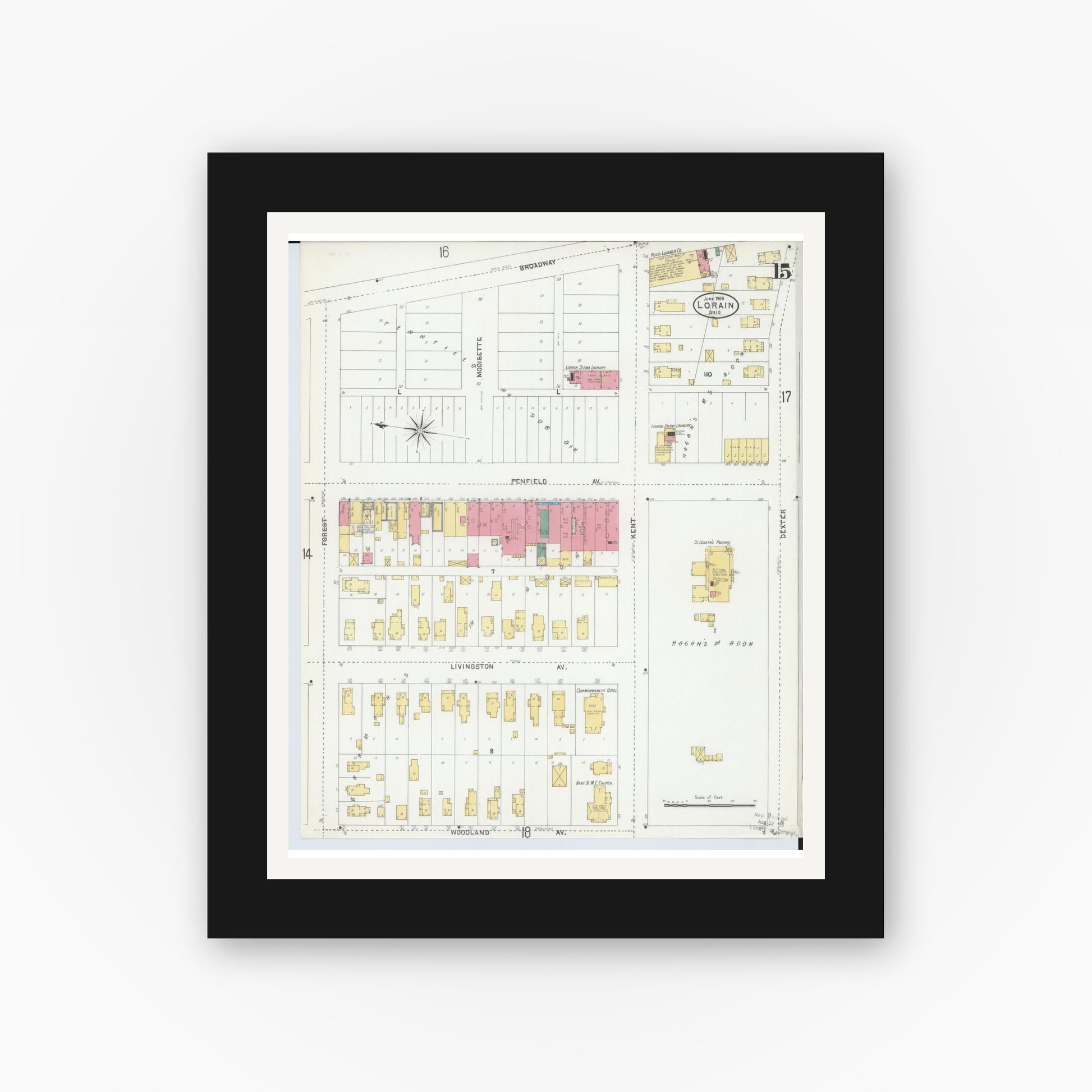 Old map wall art mockup — black gallery frame with white mat — Sanborn Fire Insurance Map from Lorain, Lorain County, Ohio (1905), Sheet #0015