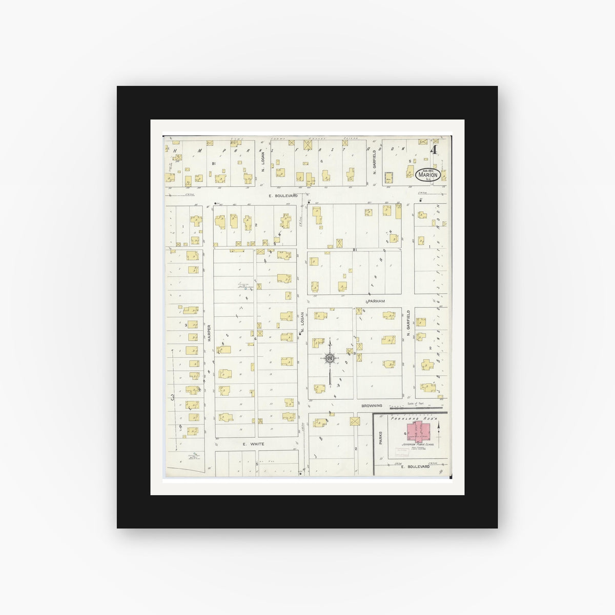 Old map wall art mockup — black gallery frame with white mat — Sanborn Fire Insurance Map from Marion, Williamson County, Illinois (1913), Sheet #0004