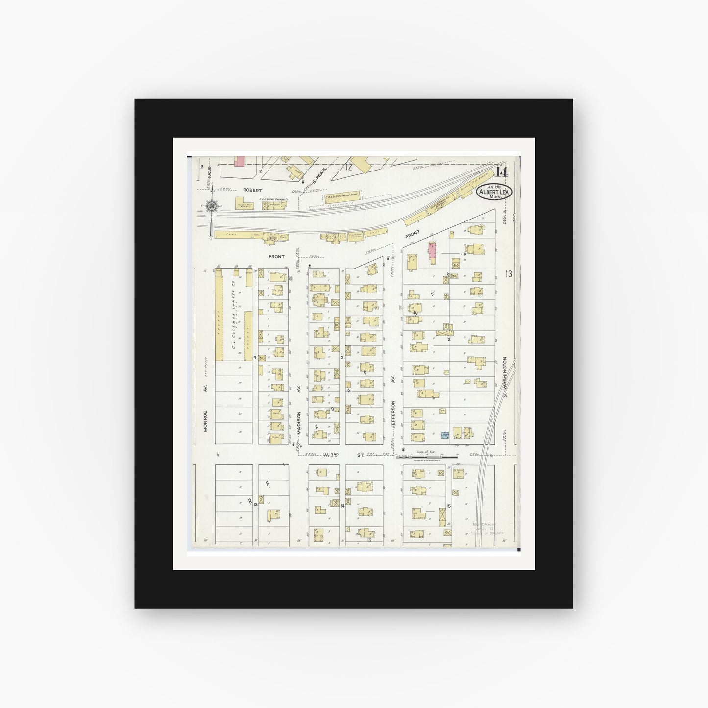 Old map wall art mockup — black gallery frame with white mat — Sanborn Fire Insurance Map from Albert Lea, Freeborn County, Minnesota (1918), Sheet #0014