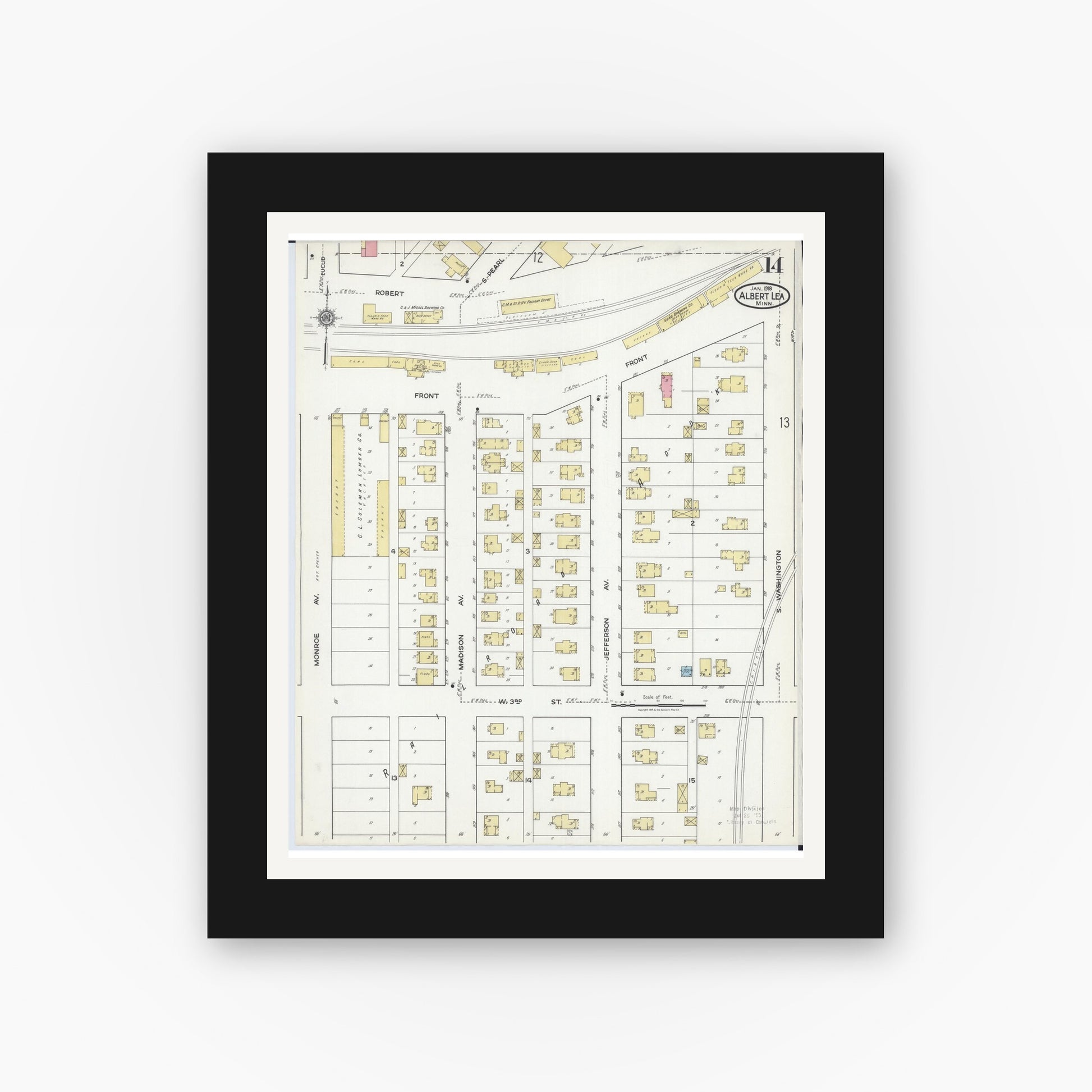 Old map wall art mockup — black gallery frame with white mat — Sanborn Fire Insurance Map from Albert Lea, Freeborn County, Minnesota (1918), Sheet #0014