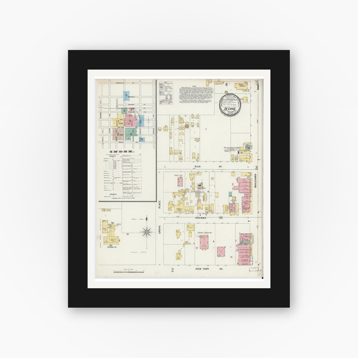 Old map wall art mockup — black gallery frame with white mat — Sanborn Fire Insurance Map from De Land, Volusia County, Florida (1897) - Complete Map Set