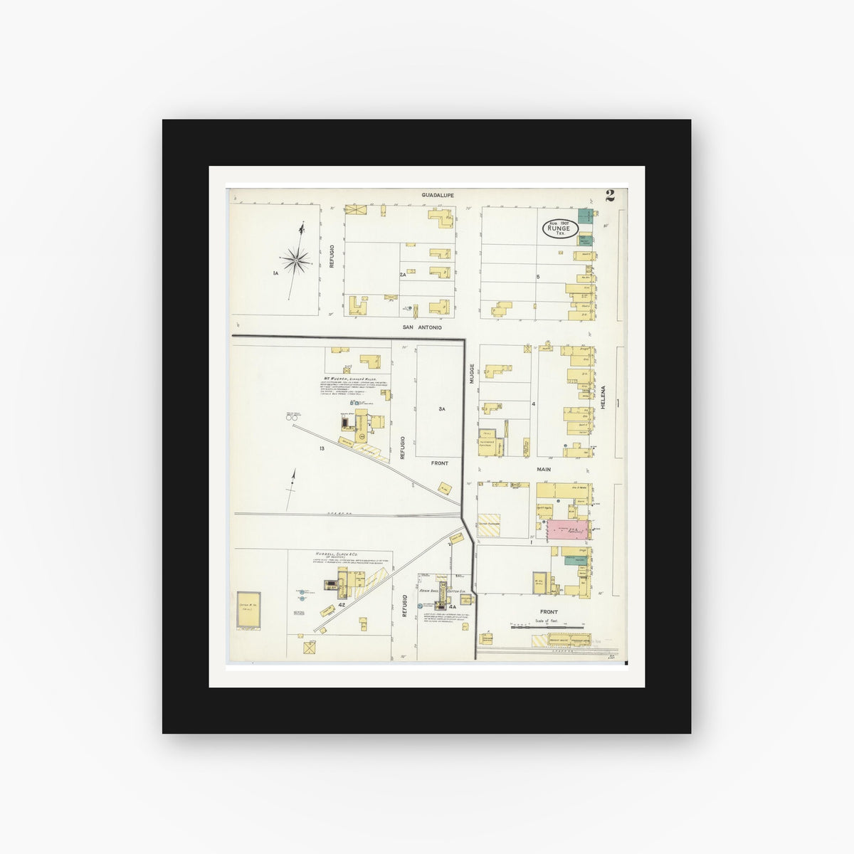 Old map wall art mockup — black gallery frame with white mat — Sanborn Fire Insurance Map from Runge, Karnes County, Texas (1907), Sheet #0002