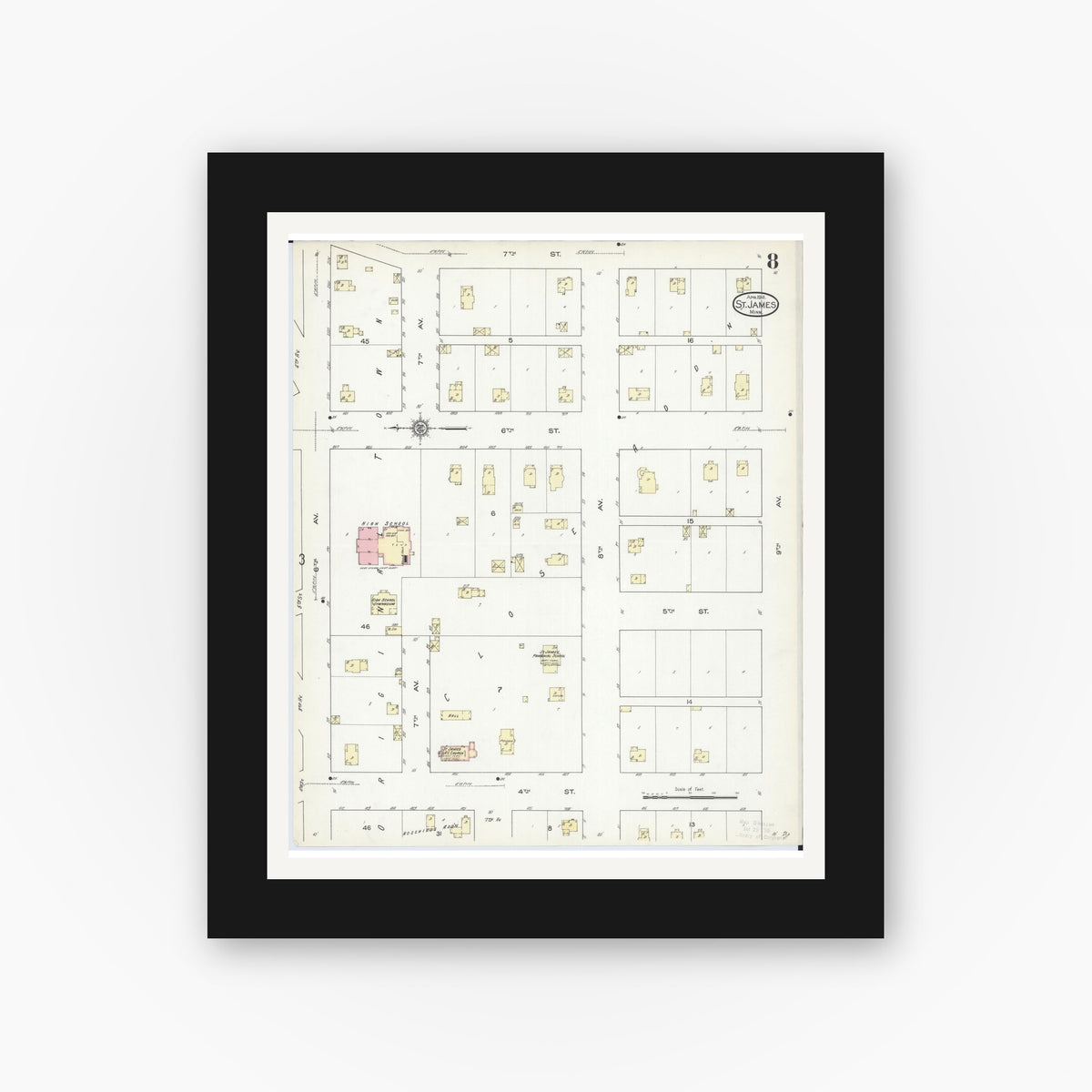 Old map wall art mockup — black gallery frame with white mat — Sanborn Fire Insurance Map from Saint James, Watonwan County, Minnesota (1914), Sheet #0008