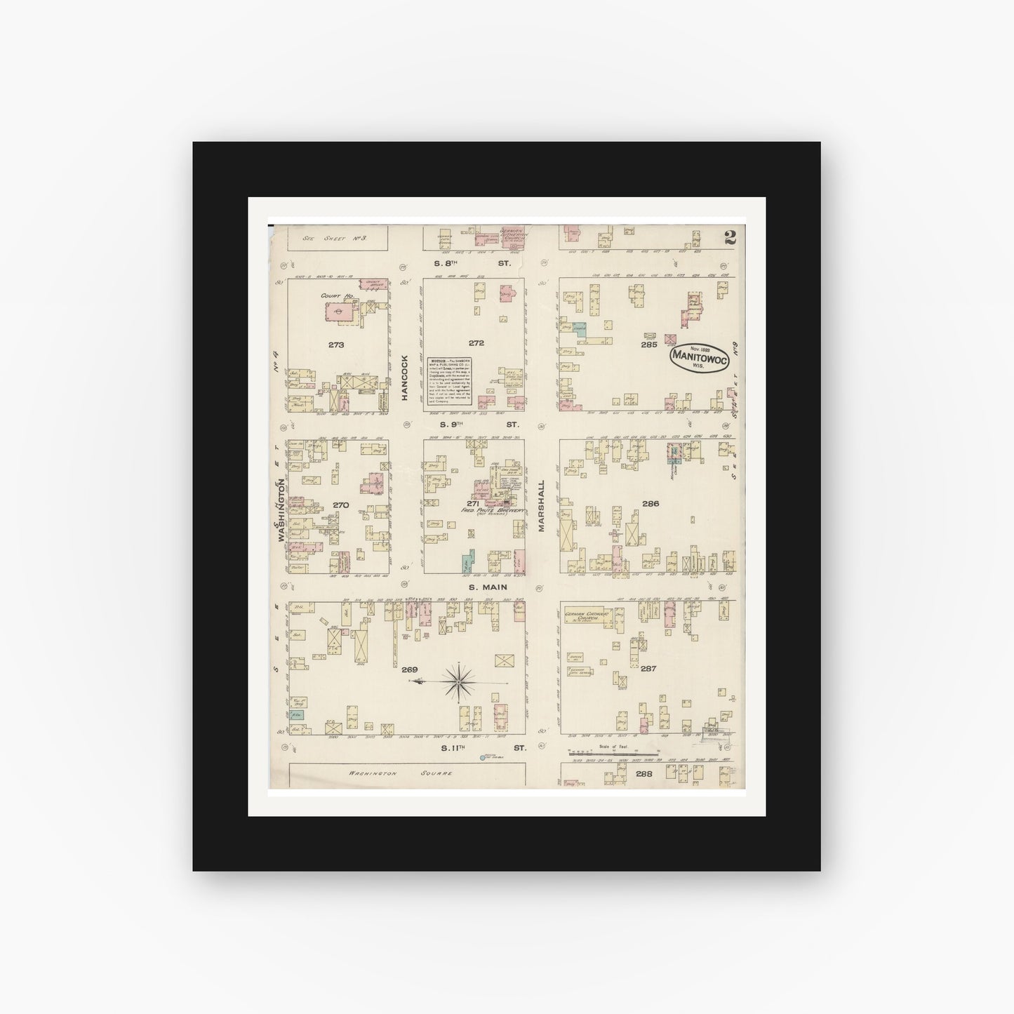 Old map wall art mockup — black gallery frame with white mat — Sanborn Fire Insurance Map from Manitowoc, Manitowoc County, Wisconsin (1883), Sheet #0002