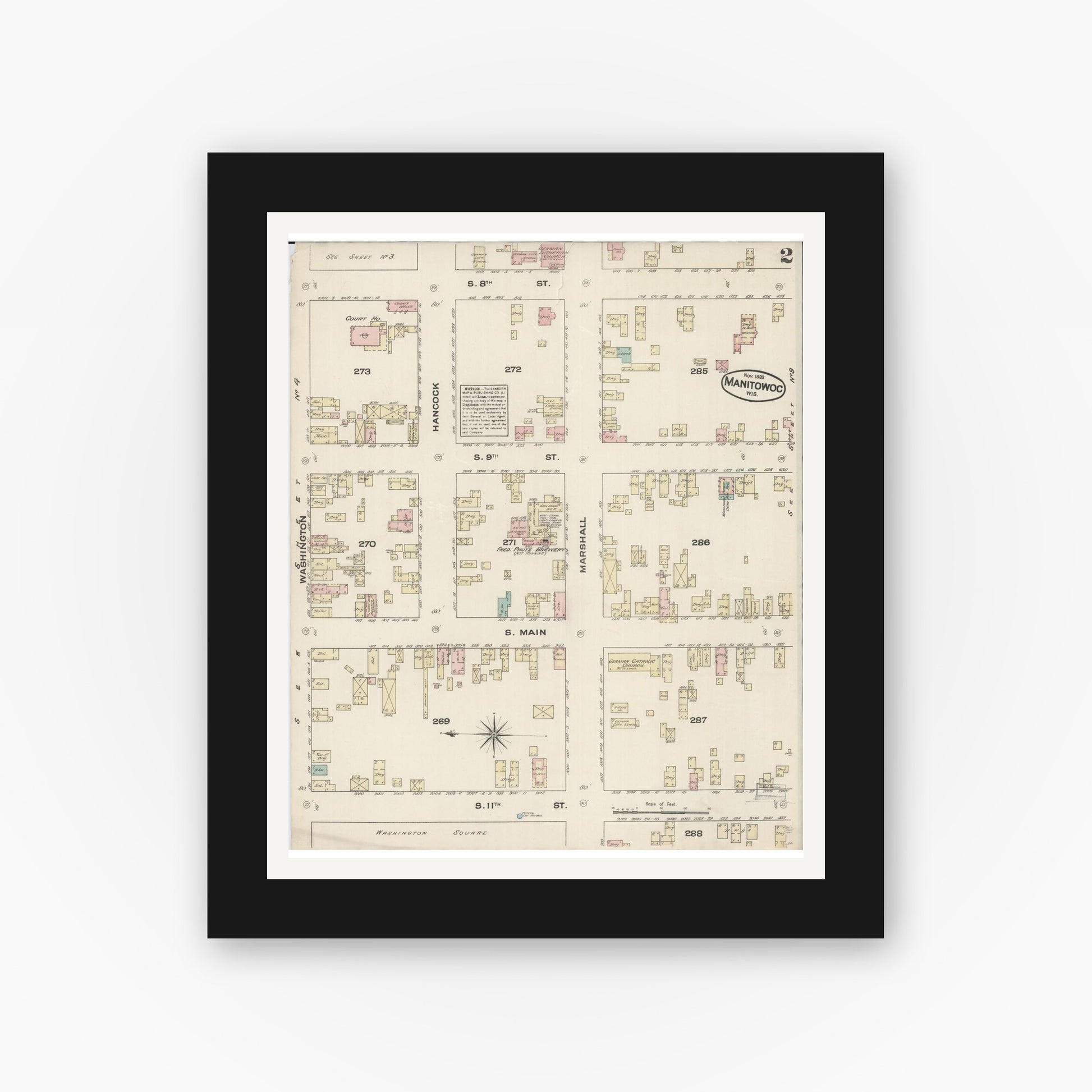 Old map wall art mockup — black gallery frame with white mat — Sanborn Fire Insurance Map from Manitowoc, Manitowoc County, Wisconsin (1883), Sheet #0002