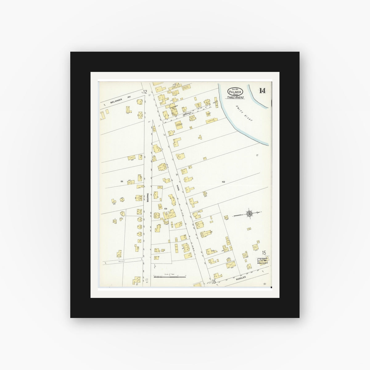 Old map wall art mockup — black gallery frame with white mat — Sanborn Fire Insurance Map from Palmer, Hampden County, Massachusetts (1911), Sheet #0014