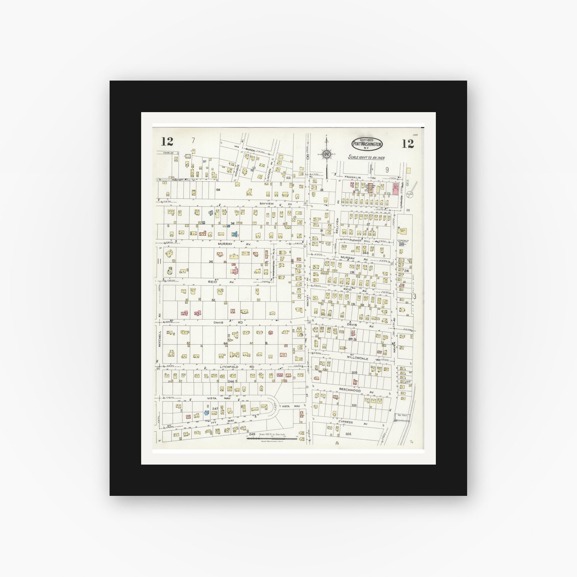 Old map wall art mockup — black gallery frame with white mat — Sanborn Fire Insurance Map from Port Washington, Nassau County, New York (1925), Sheet #0012