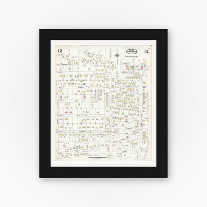 Old map wall art mockup — black gallery frame with white mat — Sanborn Fire Insurance Map from Port Washington, Nassau County, New York (1925), Sheet #0012